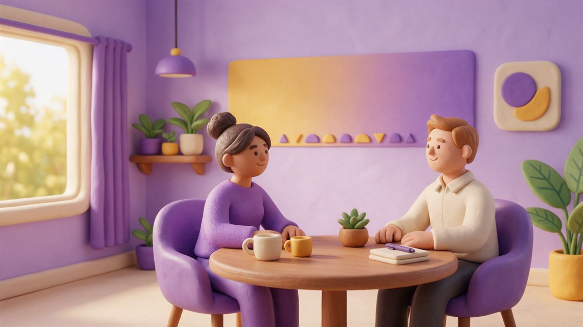Une manager et un collaborateur échangent calmement autour d'une table, devant une bande de couleur qui va du jaune au violet comme un continuum