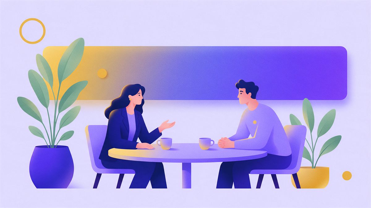 Une manager et un collaborateur échangent calmement autour d'une table, devant une bande de couleur qui va du jaune au violet comme un continuum