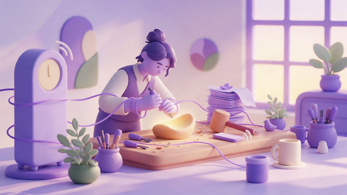 Une artisane soigne un objet en bois à son établi, retenue par des rubans violets accrochés à une horloge, une pile de formulaires et un téléphone