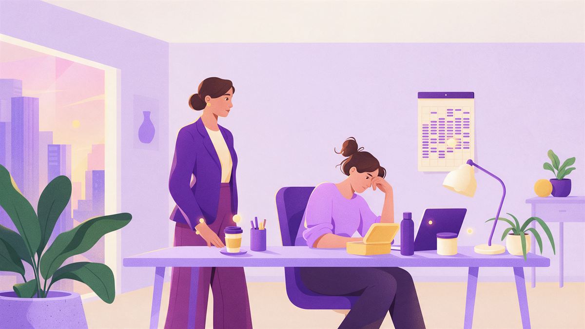 Une manager attentive remarque de petits signes autour d'une collaboratrice fatiguée à son bureau : café, repas intact, agenda très chargé, chacun marqué d'un point lumineux doré