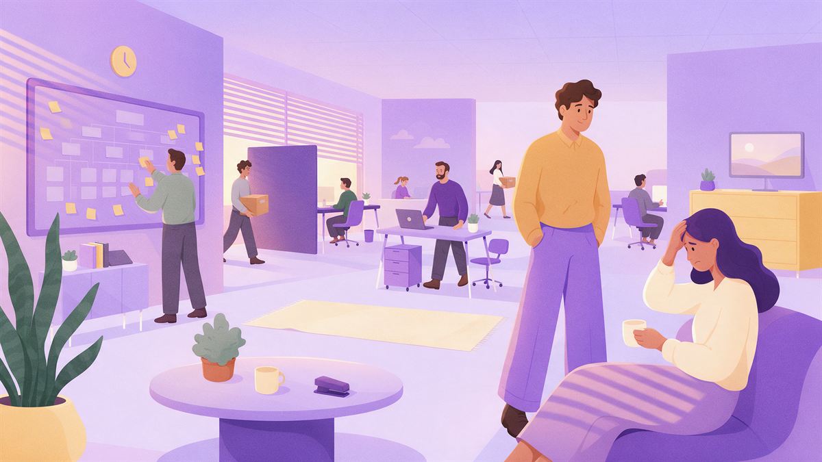 Dans un open space en réorganisation, des collègues déplacent des cartons et des bureaux, un organigramme est réarrangé au mur, un collègue s'arrête près d'une salariée inquiète